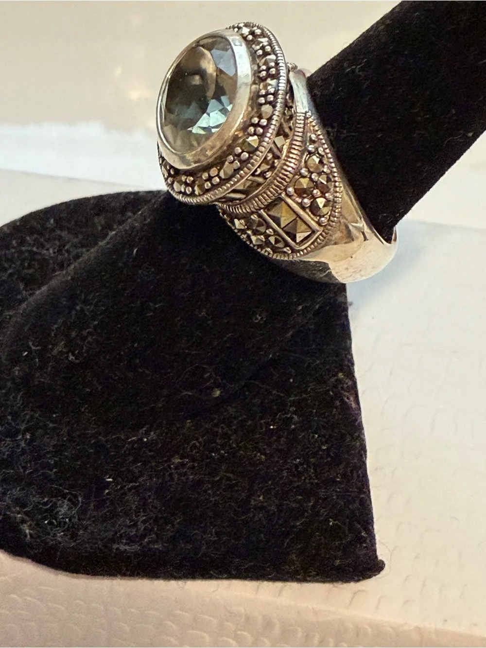 Vintage Art Deco sterling silver Prasiolite marcasite ring